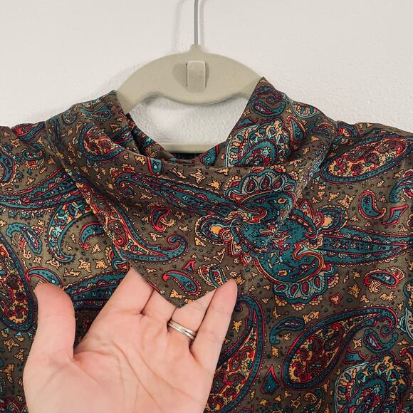 BEAUTIFUL QUEENIE Vtg‎ Paisley 100% Silk Blouse-Button Back-80's 90's- Olive-16 - Picture 7 of 8